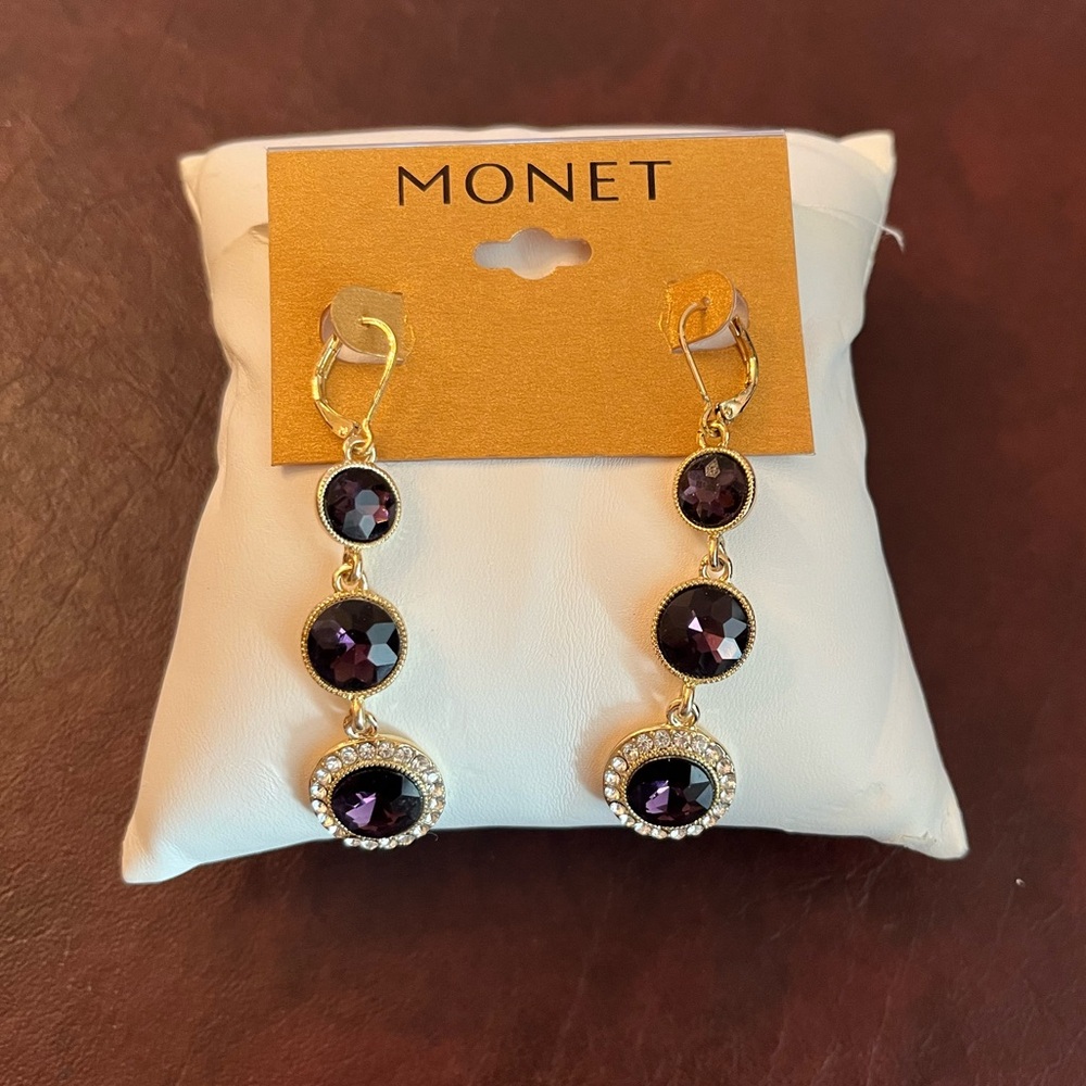Monet Gold and Purple Dangle Earrings